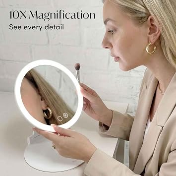 Fancii 10x Travel Magnifying Makeup Mirror with Lights, Rechargeable, Height Adjustable 8 Stand, 3 Dimmable Color Modes, Portable LED Vanity Mirror (Abigail)