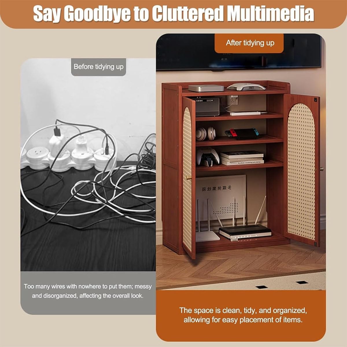 Floor Standing Router Storage Cabinet, Modem Box with Cable Management & Ventilation Design for Home/Office - Brown, 38.2x23.2x9.8in