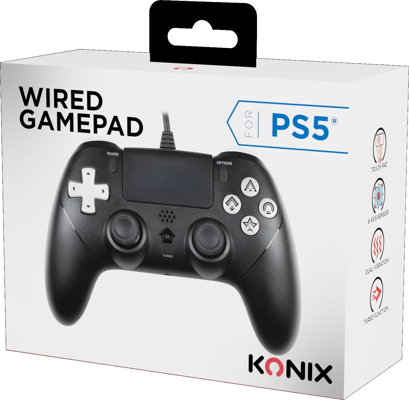 Konix Controller cablato per PS5 - Touchpad - Vibrazione - Altoparlante - Porta per cuffie - Funzioni Turbo e Auto - Pulsanti macro programmabili - Nero