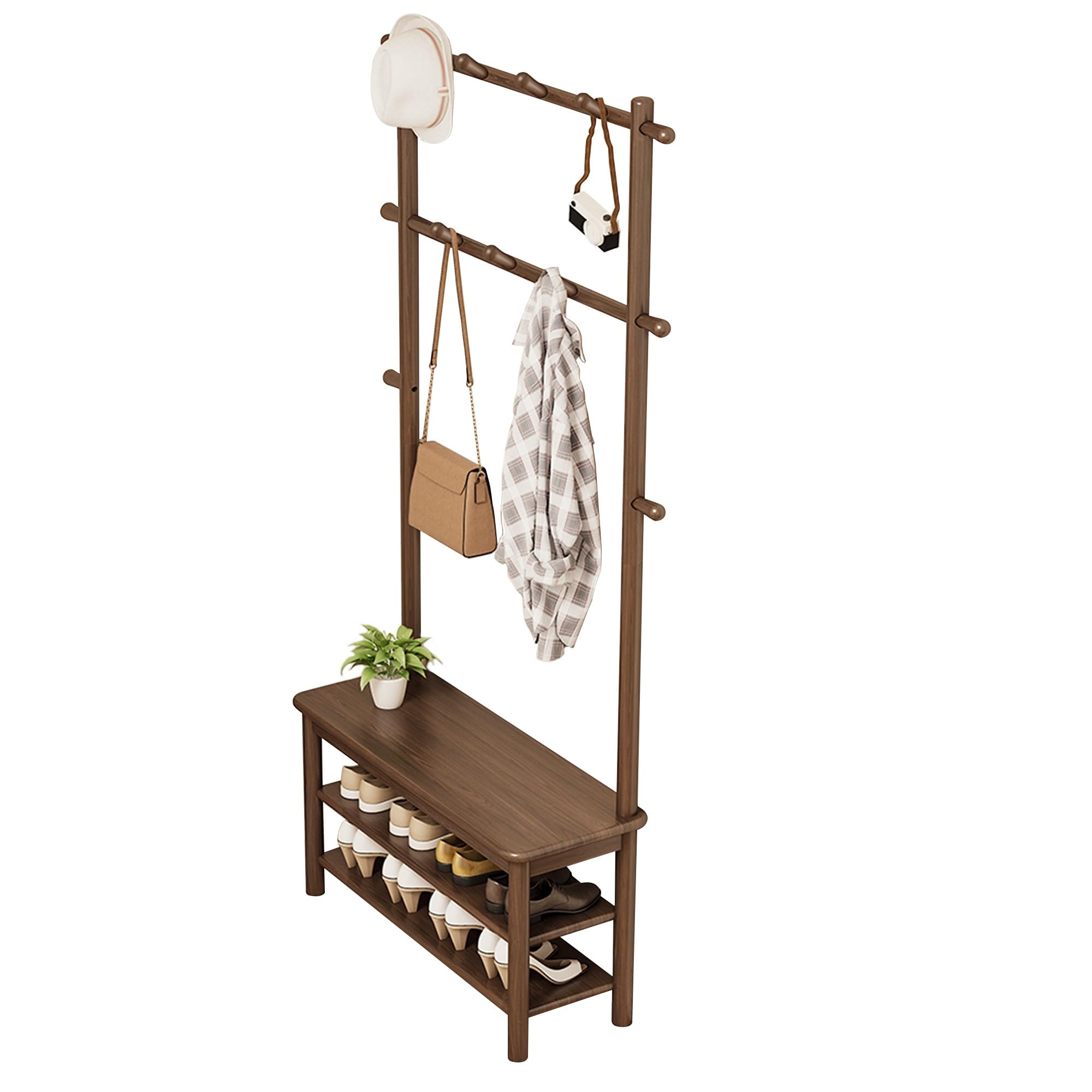 Porte-manteau avec banc rembourré et étagère à chaussures en bois
