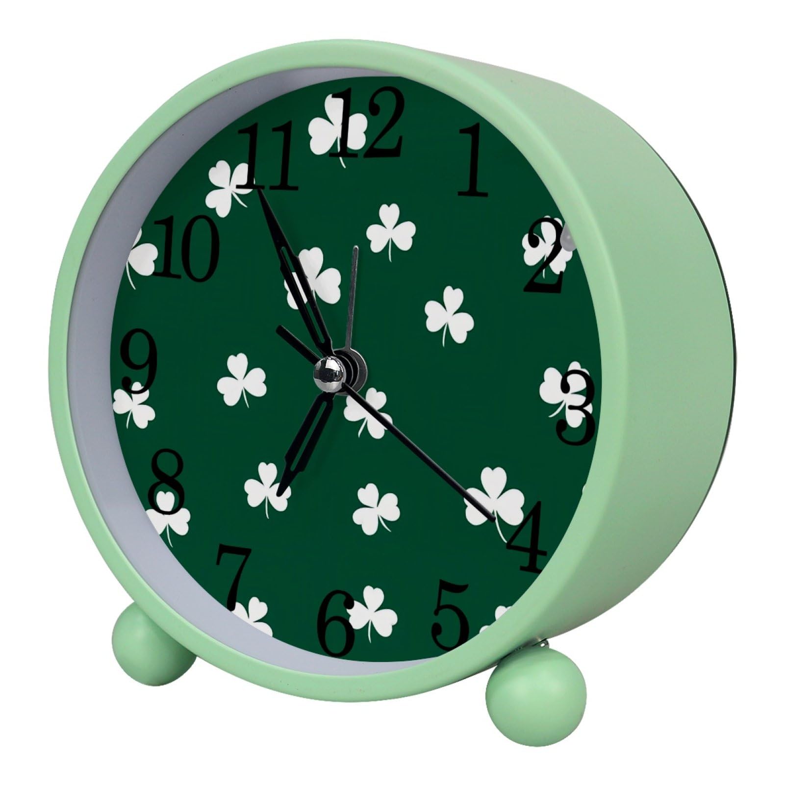 etoenbrc Green Shamrock Round Battery Operated Bedside Alarm Clock Non-Ticking Desktop Silent Analog Alarm Clock with Light