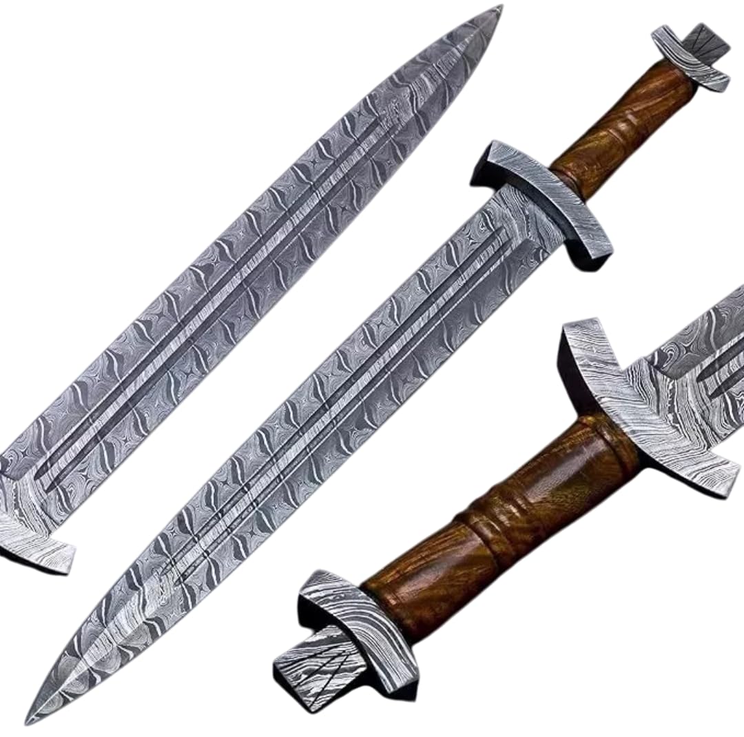 23 Inch Long Double Edge Viking Sword Custom Handforged Damascus Steel Full Tang Combat Sword Rosewood Grip with Leather Sheath Combat Sword by Empire Industry