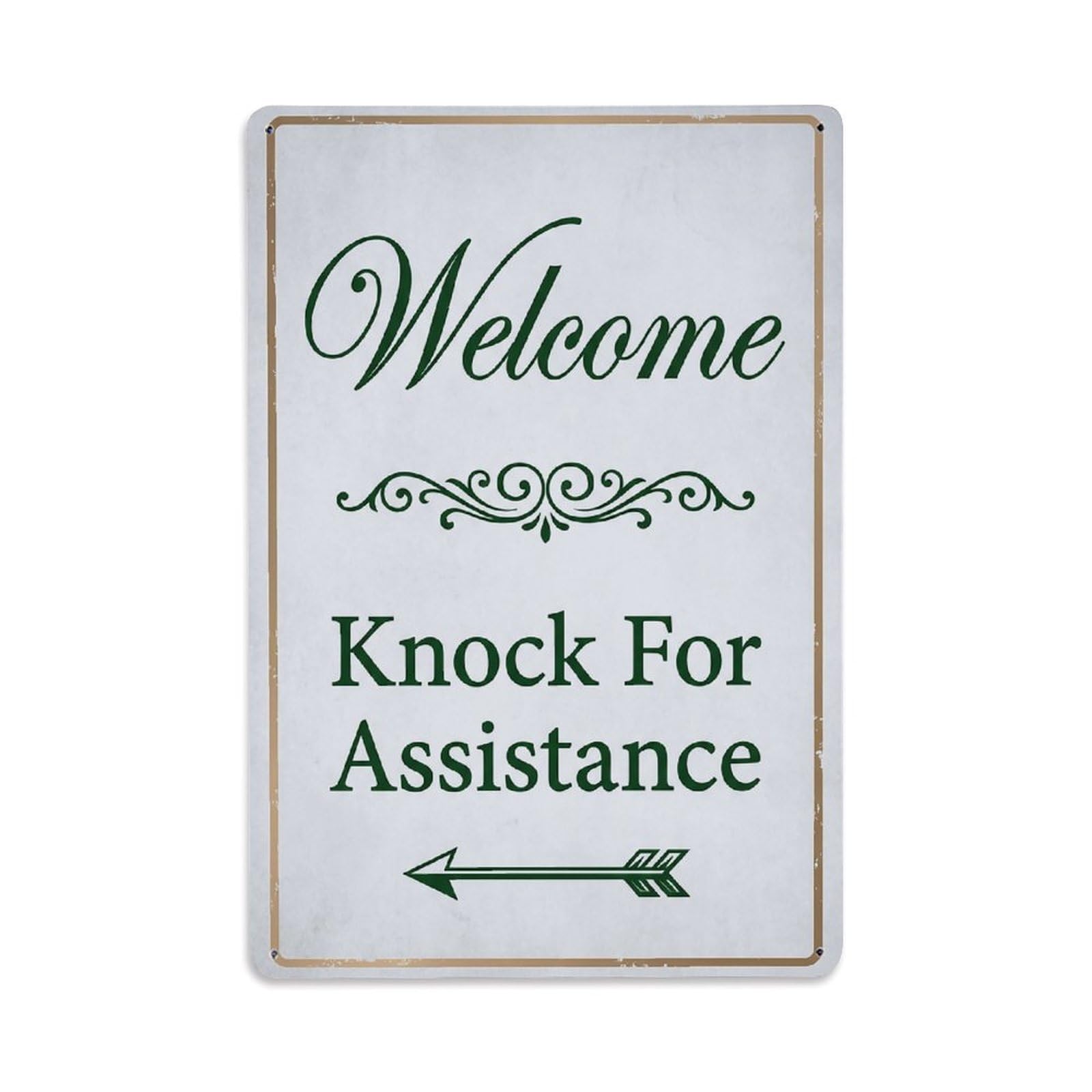 Vintage Welcome Knock For Assistance Arrow Scroll Metal Tin Sign