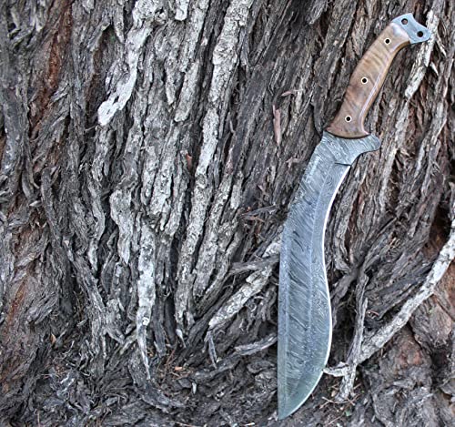 Moorhaus Handmade Damascus Kukri Knife - Walnut Wood Handle - Includes Leather Sheath - Full Tang #TOP4