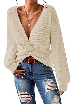 Pink Queen Womens 2025 Casual Pullover Sweaters Sexy V Neck Long Sleeve Twist Knot Cropped Knit Sweater Tops