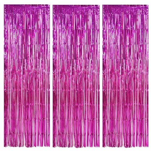Image of TONIFUL 3-Pack Door Streamers, Metallic Photo Booth Backdrop with Foil Fringe Curtain for Birthday, Bridal Shower, Bachelorette Party Decor (9.9ft x 6.6ft, Pink)