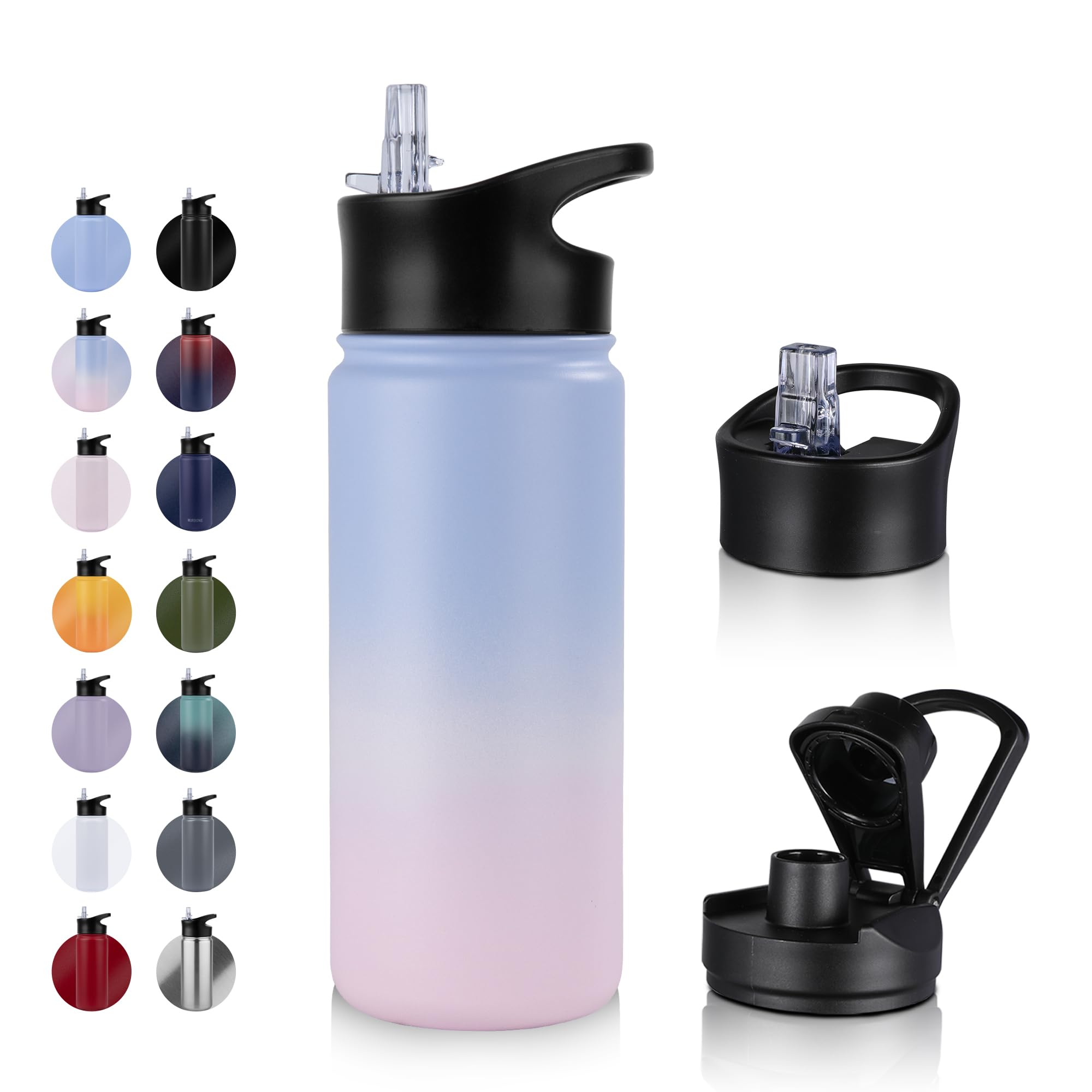 UMBFUN Insulated Water Bottle, 500ml 2 Lids (Straw Lid and Spout Lid)