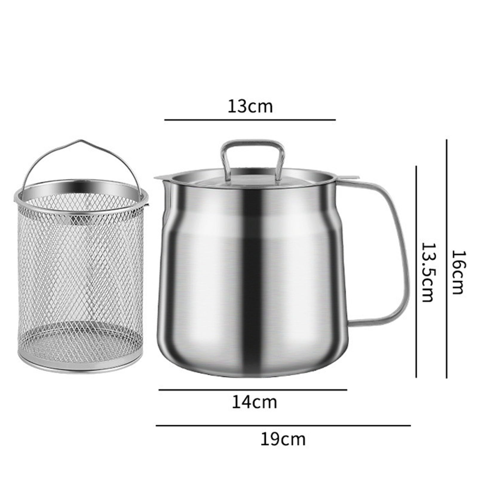 Olla de filtro de aceite de acero inoxidable con colador para cocina, acero inoxidable 304, gran capacidad, versátil freidora de aceite y vaso de filtro (1,5 L)