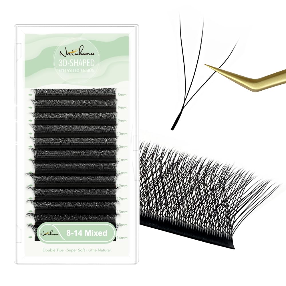 NATUHANA W trébol pestañas extensiones 3D pestañas 0.07C rizado 8-14 mm mezcla ventilador fácil de pestañas W suministros ventilador prefabricado (3D negro 0.07C 8-14 mezcla)
