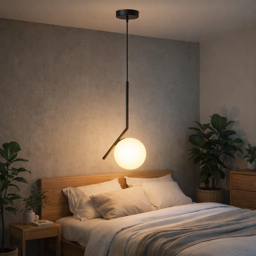 BARCELONA LED Lampada a Sospensione in Vetro a Sfera E27, Corpo in Metallo Alluminio con in Vetro Opalino, Stile Nordico Moderno Giapponese Industriale e Classico per Soggiorno e Cucina, Nero