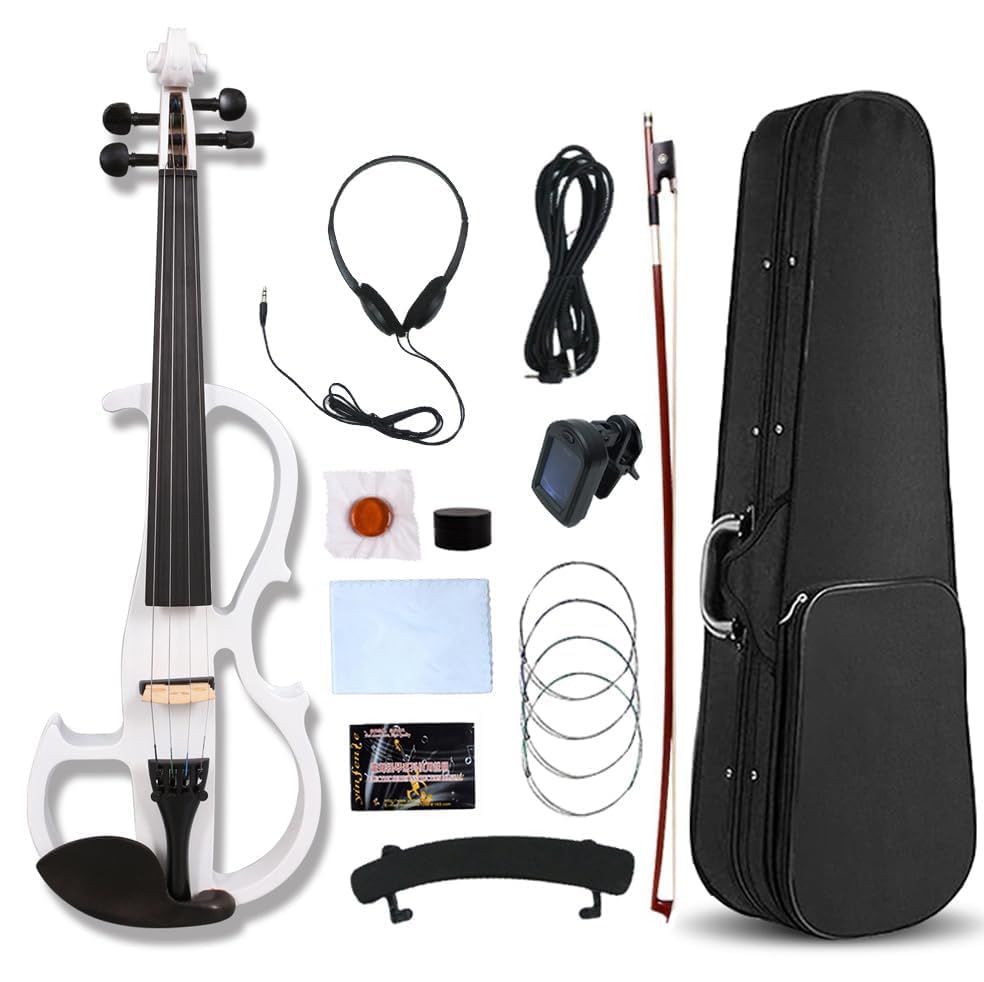 Image of Vetimobato Electric Violin 4 /4 Full Size Solid Wood Silent Violin Set for Adults Beginner Practice Electric Fiddle with Ebony Fittings Hard Case & Bow(4 String White)