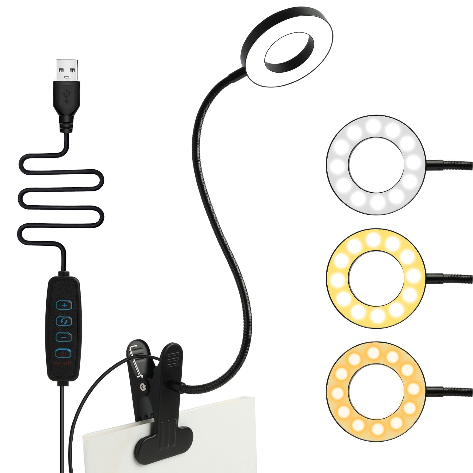 Kolamom Reading Lamp with Clip, Flexible LED 360°, 3 Light Modes & 10 Brightness Levels, Reading Lamp Bedside USB Desk Lamp Energy Saving LED Desk Lamp for Nightstand, Bed and Desk 50cm