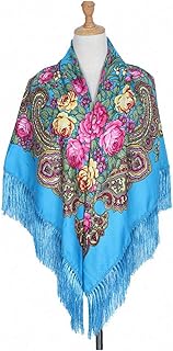 Womens Scarves Russian Big Size Square Cotton Long Tassel Print Shawl Sky Blue