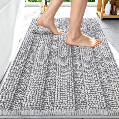 Image of Smiry Thick Chenille Bathroom Rugs 30x20, Extra Soft Absorbent Striped Bath Mat, Machine Washable, Rubber Backing, Bath Rugs for Tub & Shower, Modern Home Decor Accessories, Light Grey