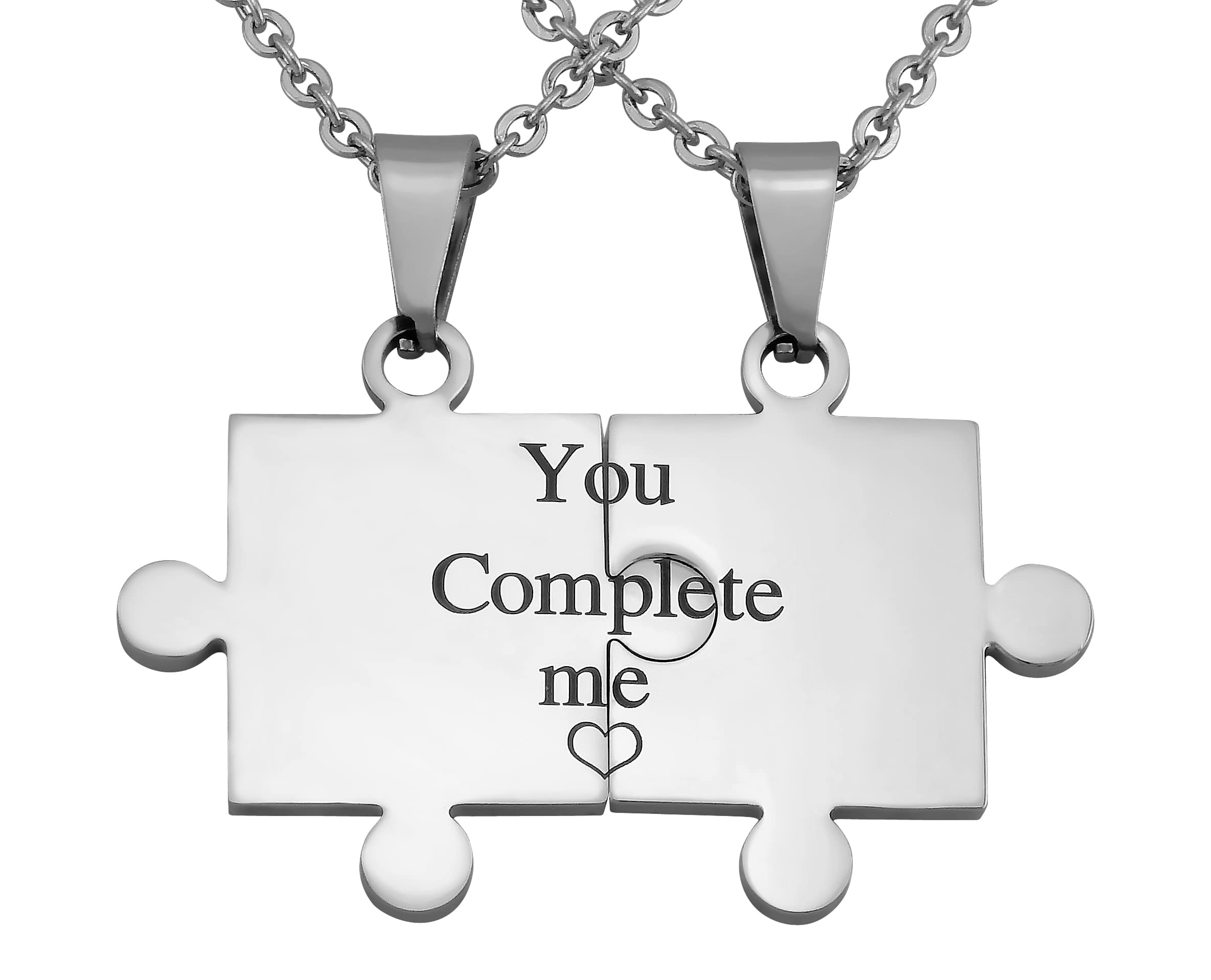 2 Stück Personalisierte Kette mit Gravur Edelstahl 50 cm mit Anhänger You complete me Puzzle Teil in silber - Personalisierte Geschenke für Damen Herren Freundin Freund - Partner Halskette