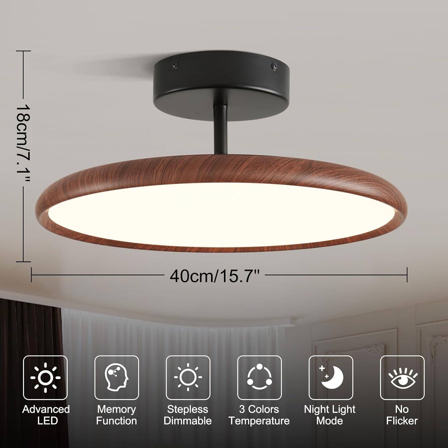 Nordic Semi Flush Ceiling Light - Walnut Vintage LED Dimmable Flushmount Chandelier with Remote Control - Mid Century Modern Round Lighting Fixture for Bedroom Hallway Entryway Laundry Room