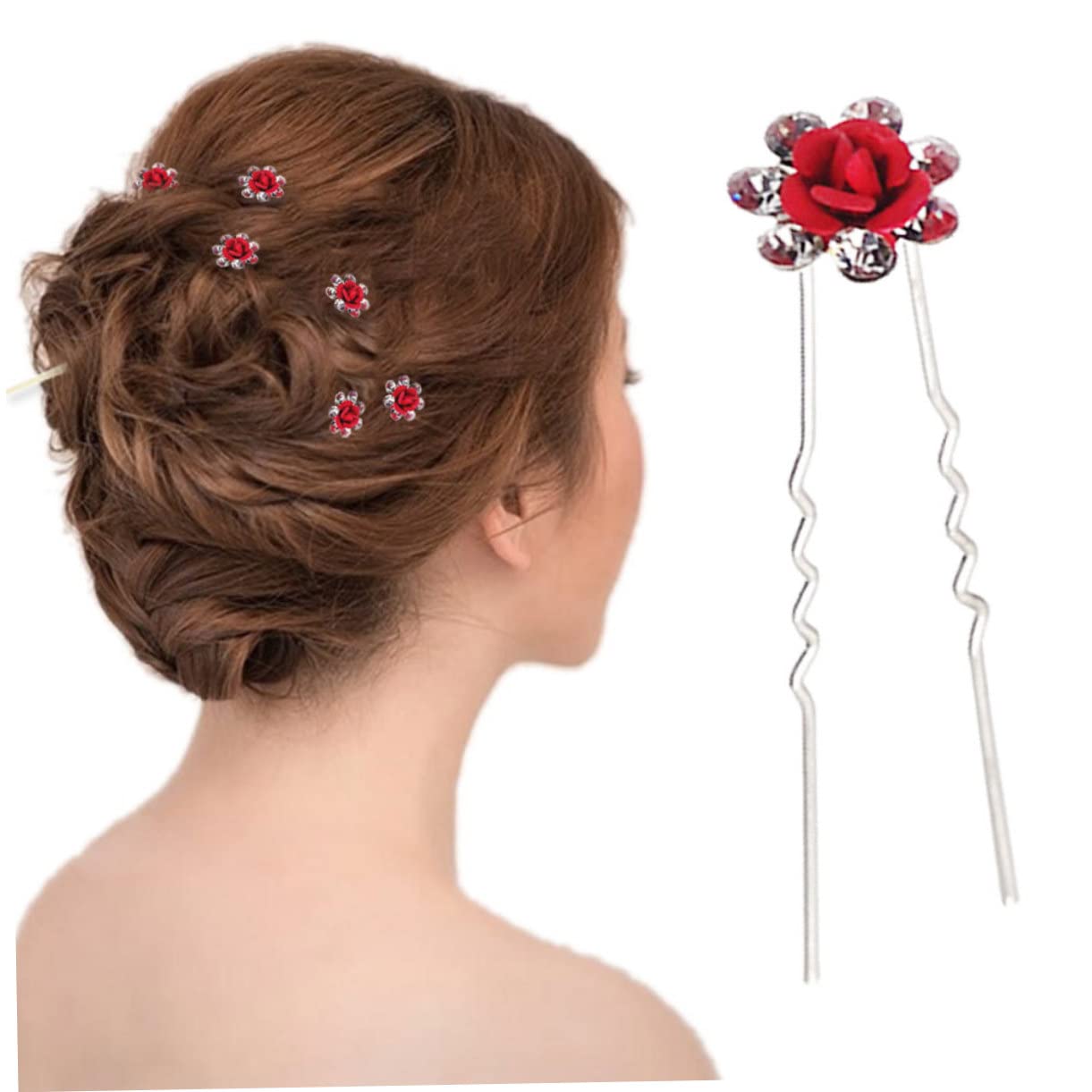 12piezas Horquillas Rosa Adornos De Rhinestone y Perlas Para Novia y Damas De Honor Bodas Rojo