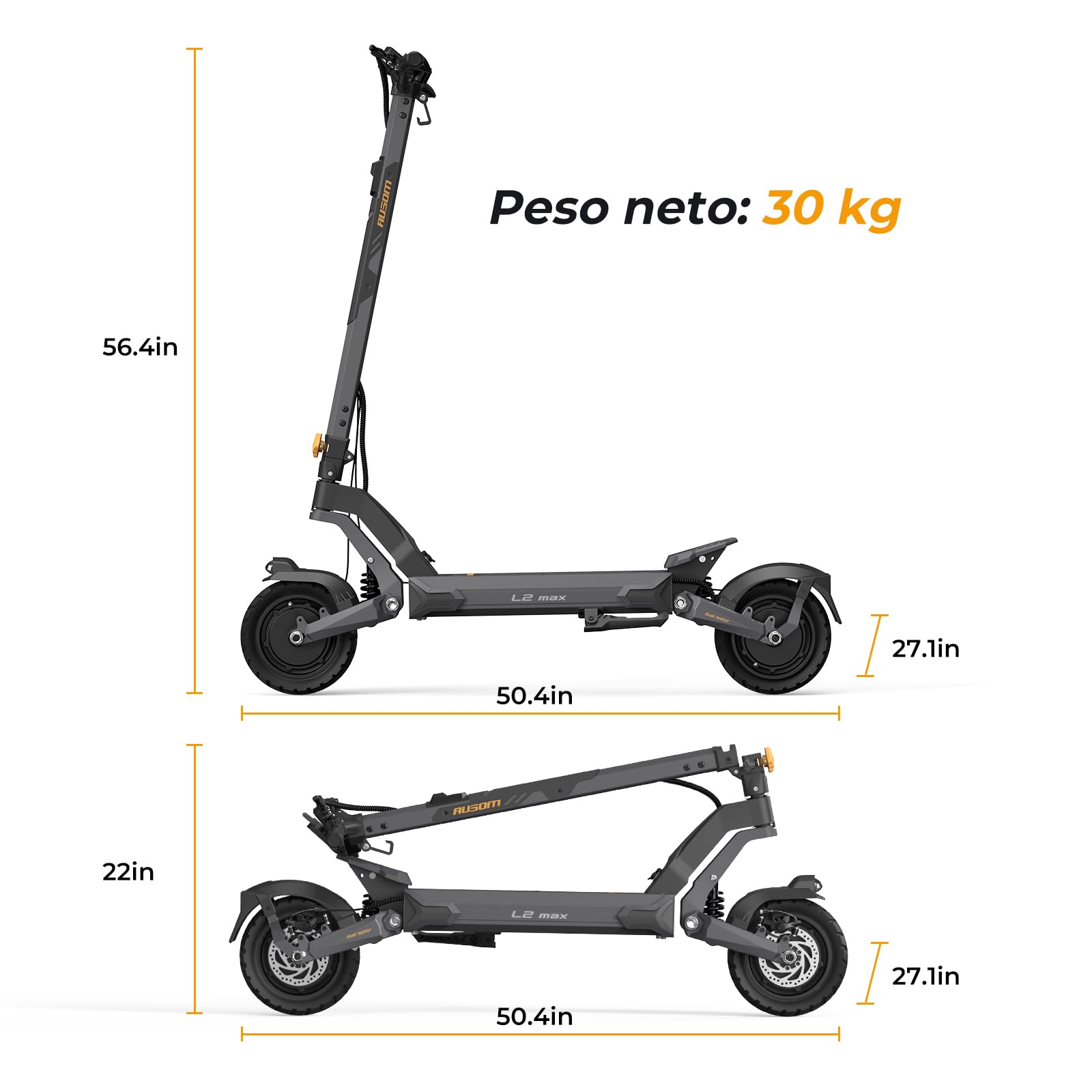 Patinete Eléctrico, Ausom L2 MAX Doble Motor, Autonomía 90KM, Ruedas 10x3.0 Todoterreno, Plegable Scooter Electrico