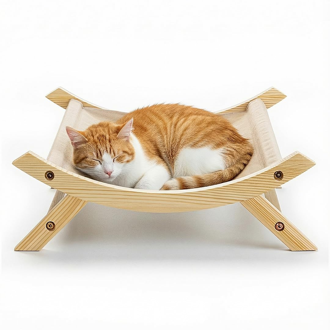 CallieCo Wooden Cat Hammock Bed, Modern Elevated Pet Lounger with Premium Wooden Frame & Breathable Fabric, Stylish Indoor & Outdoor Cat Bed for Cats & Small Dogs - Ivory