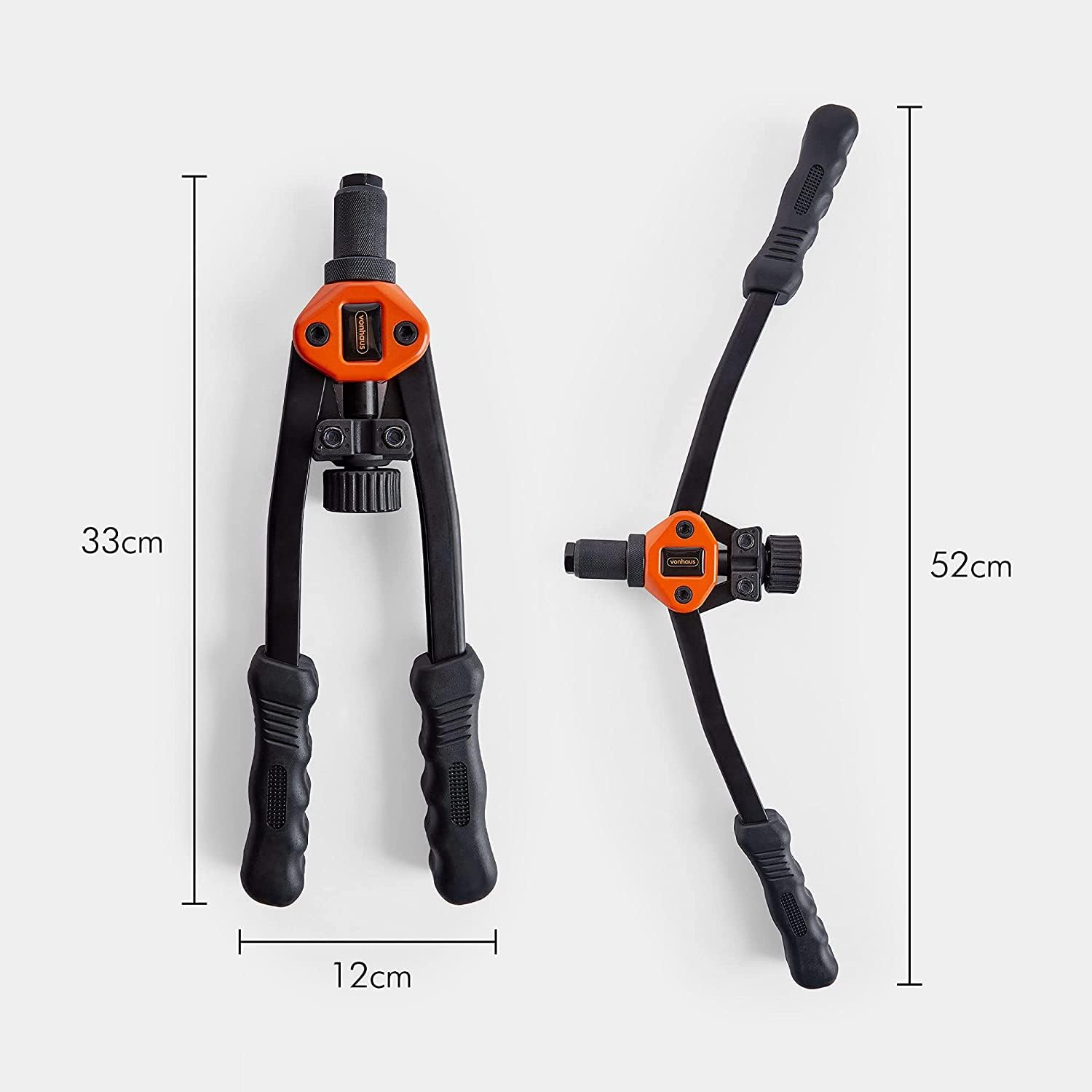 VonHaus Nietmutterzange Set inkl. 150 Nietmuttern, 30 cm Hand Nietwerkzeug, Doppelgriff Nietpistole mit 7 Austauschbare Dorne Metrische M3 M4 M5 M6 M8 M10 M12, Gewindenieten Zange Set mit Koffer