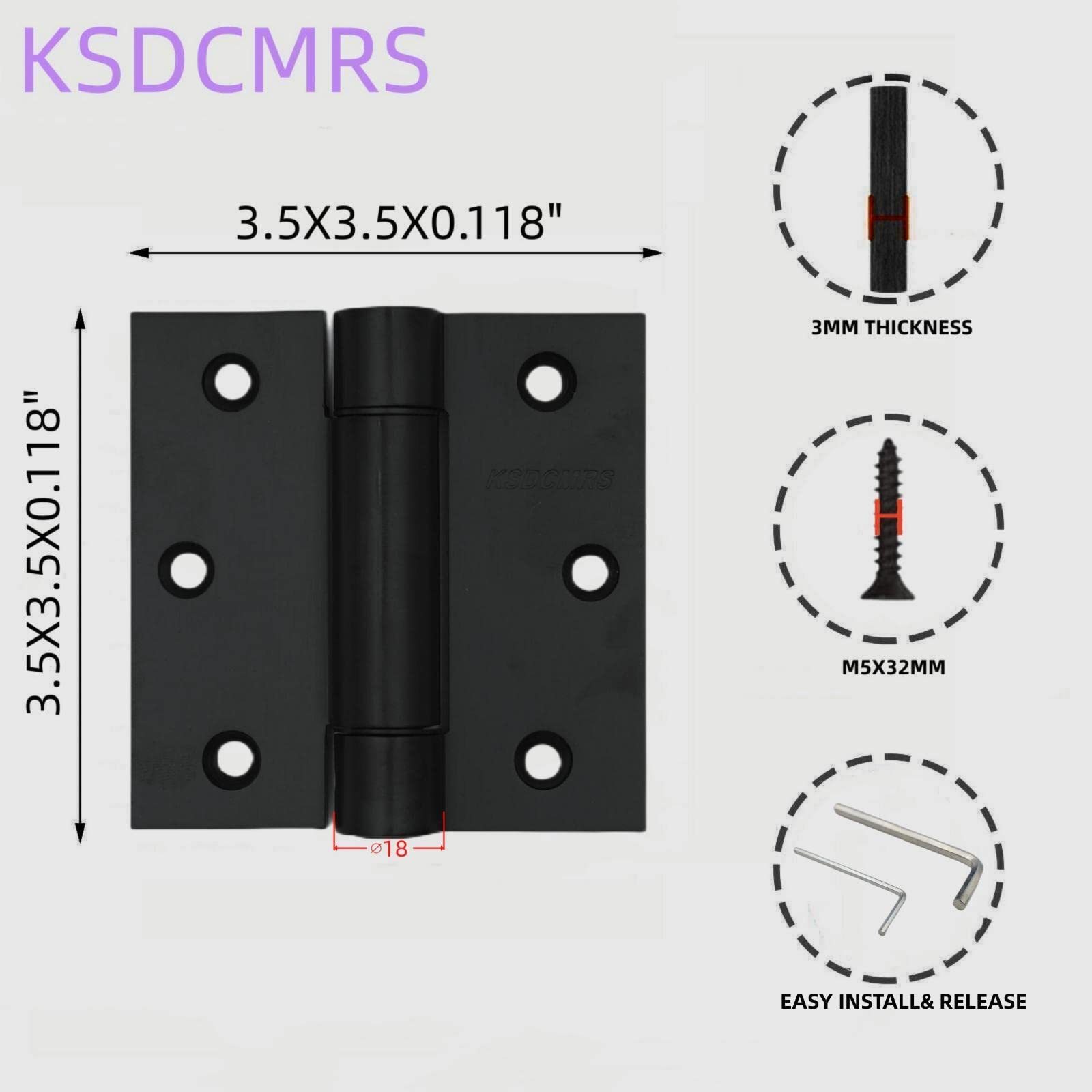 Bisagras de acero inoxidable de 3.5 pulgadas, bisagras de puerta de cierre automático ajustable con resorte de 3-1/2 pulgadas x 3 1/2 pulgadas con esquina cuadrada (negro mate, paquete de 2)