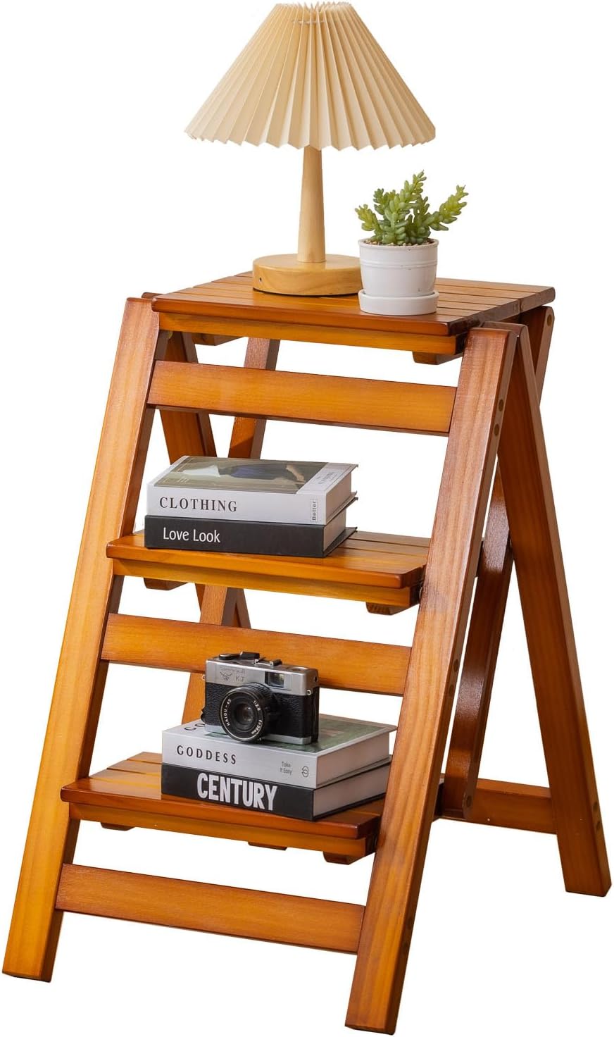 Latifolia Foldable 3 Step Ladder, Wooden Step Stool with Floor Saver, Decorative Ladder Shelf for Living Room, Kitchen, Garden(Walnut) Walnut 3 Step Wooden Ladder