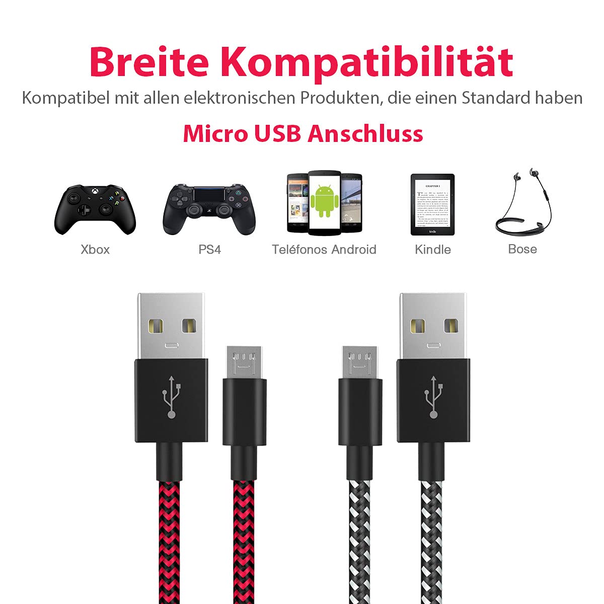amLifestyle zestaw 2 nylonowych kabli do ładowania PS4, kabel micro USB, kabel do ładowania micro USB, kabel kontrolera, kabel USB do Microsoft Xbox One/One S, kontroler PS4
