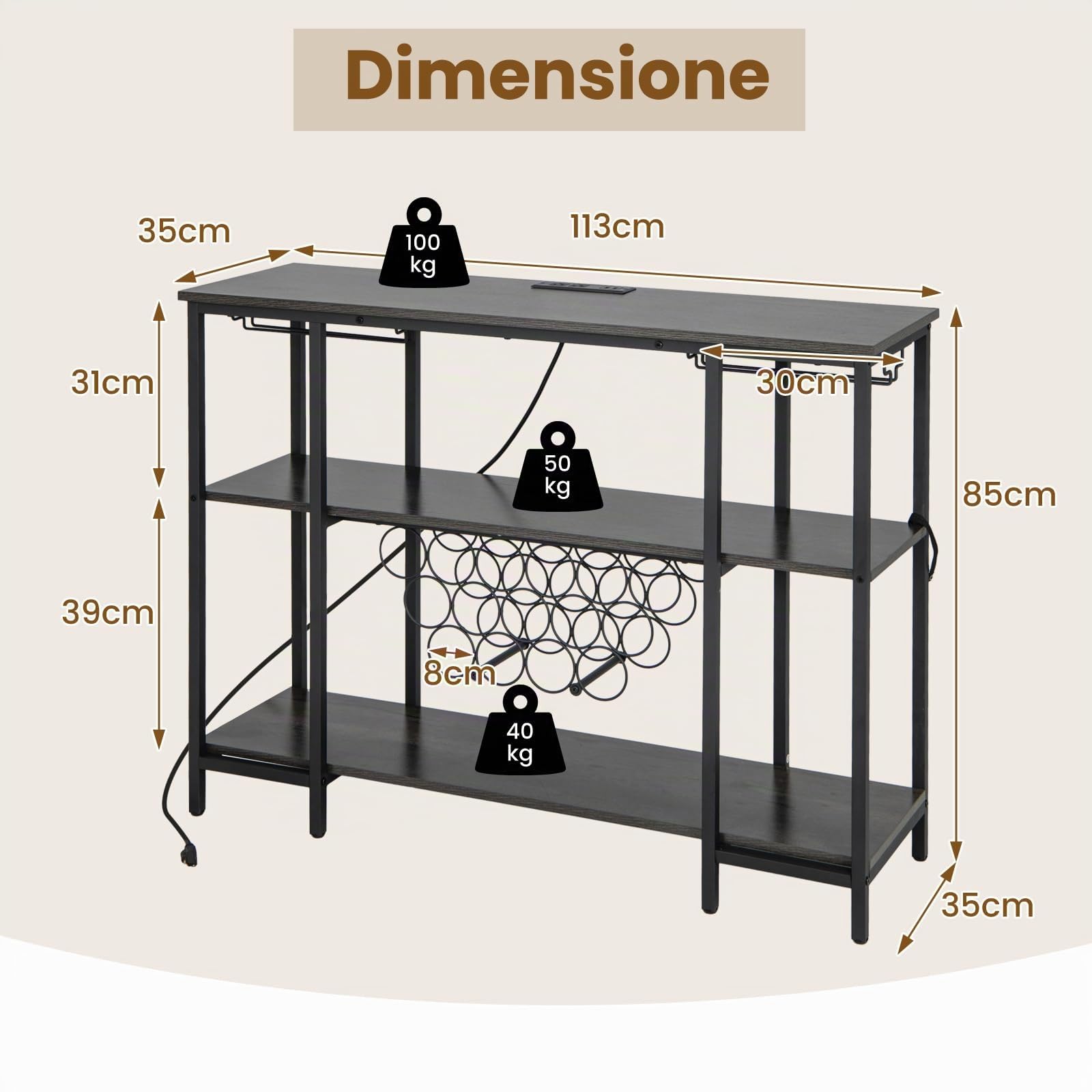 GYMAX Mobile Portabottiglie di Vino a 3 Livelli con Prese, Tavolo da Bar per Liquori con Porta Calici, Struttura in Metallo, Tavolo Console per Soggiorno, Cucina e Sala da Pranzo (GRIGIO SCURO)