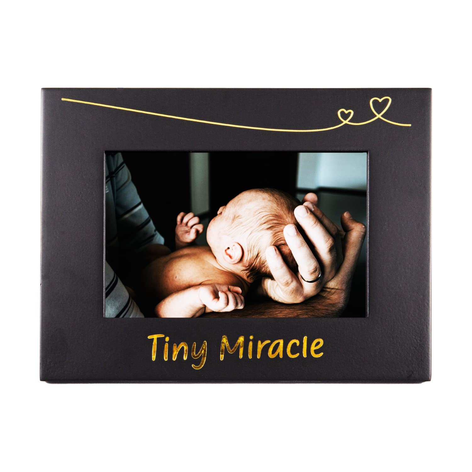 Happy Homewares Cute and Modern Tiny Miracle 4" x 6" Black Picture Frame with Eye Catching Gold Foil Decoration | for Table or Wall Hanging | Gift for Newborn Baby