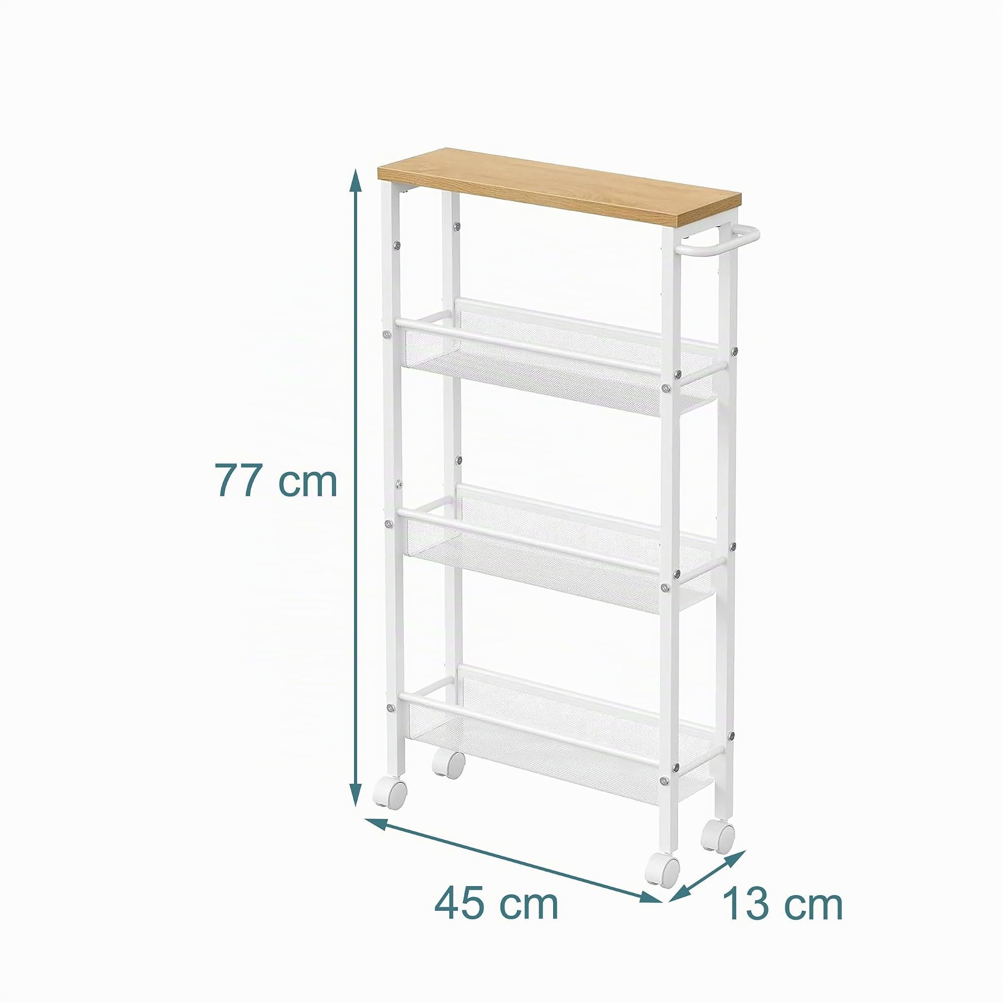Relaxdays Estantería metálica con 4 Niveles, Ruedas, 77x13x45 cm, para baño y Cocina, Natural/Blanco