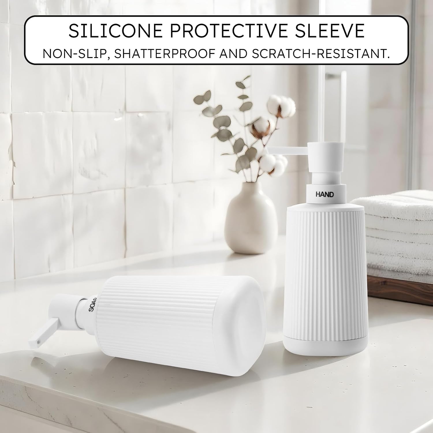 White Soap Dispenser for Bathroom & Kitchen with Non-Slip Base