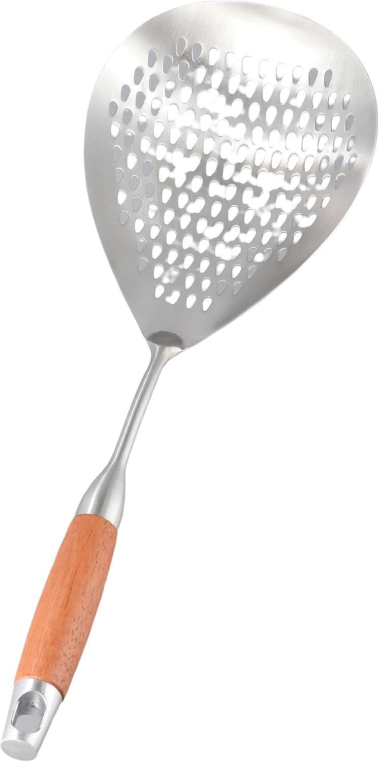 Leadigol Skimmer Slotted Spoon, Wooden Handle Stainless Steel Colander Pasta Noodle Strainer Skimmer Spoon Spider Strainer Skimmer Ladle Spoon for Kitchen Cooking Draining and Frying