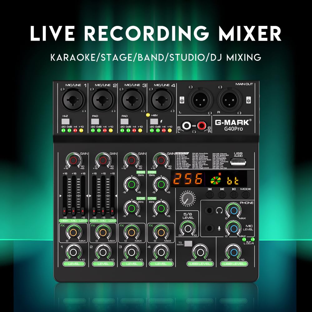 GMARK G40PRO 6 Channel Audio Mixer,Sound Board 256-Bits USB Bluetooth Mini Mixer with 48V Phantom Power, RCA and XLR Connectivity, Ideal for Home Studio Recording, Live Streaming, DJ Mixing, Karaoke
