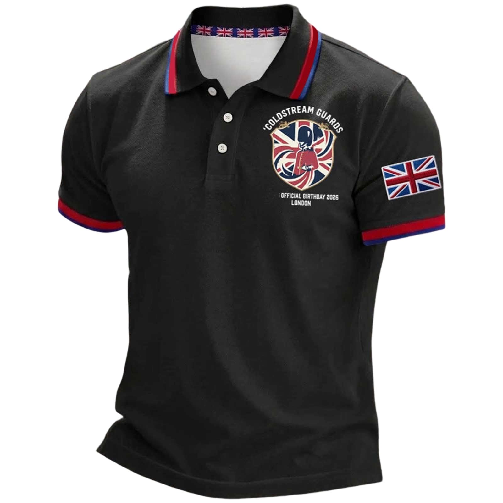 Mens England Polo Shirts Football 2026 Short Sleeve Collared Neck Great Britain Bunting Flags Print Union Jack T Shirt England Football Jersey Tops Breathable Fans Shirts (003-Black, 6XL)