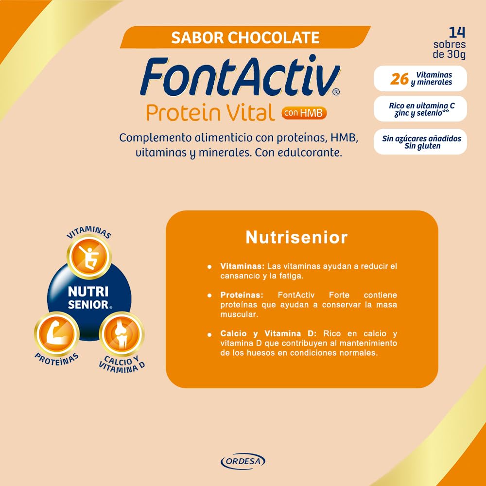 FontActiv Protein Vital Chocolate | 14 sobres | Complemento Alimenticio con Proteínas, HMB, Vitaminas y Minerales para Adultos