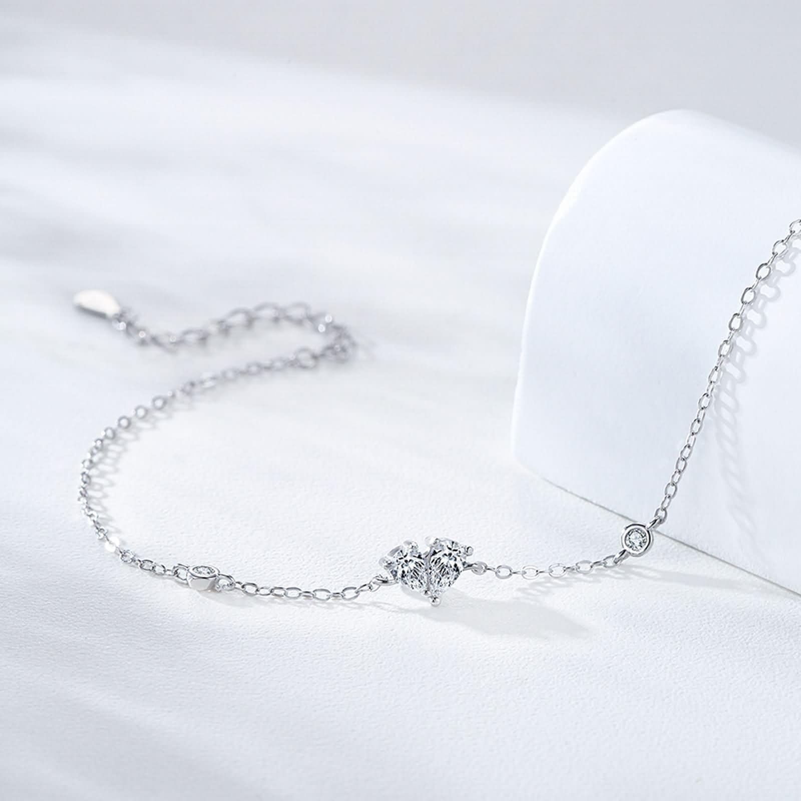 Pulsera Oro Blanco 9K / 14K / 18K Mujer, Corazón y Gota de Agua con Diamante Creado de 0,25 ct, Cadena Extensible 16 CM + 5 CM, Pulseras Mujer Ajustable Plata