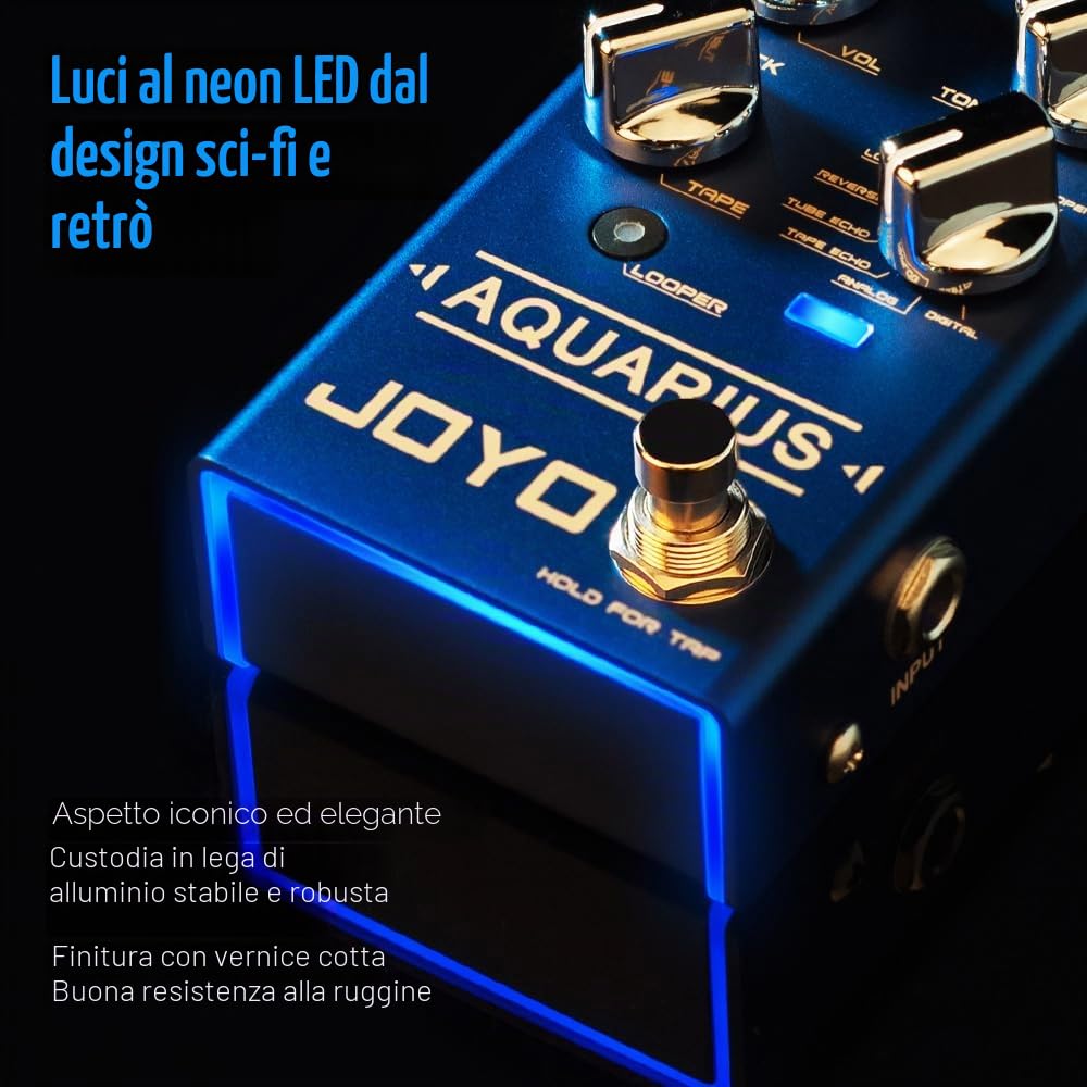 JOYO Pedale multi-mode Delay & Looper per chitarra, 8 effetti incl. Galaxy/Tape Echo con Tap Tempo e 5 min Loop, Bypass (Aquarius R-07)