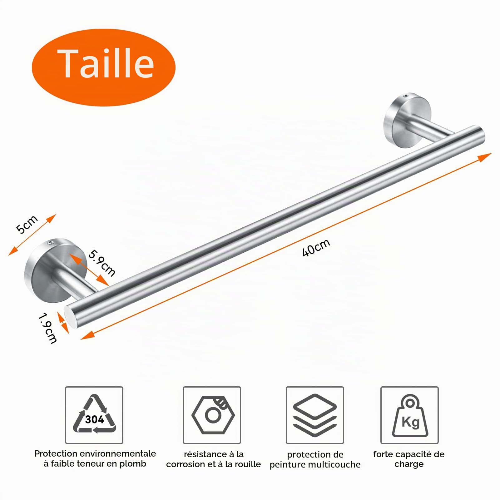 YUET 40cm Barres Porte-Serviettes SUS 304 Acier Inoxydable Murale Antirouille Percage Montage à Vis pour Accessoires de Salle de Bain Cuisine Lavabo, Argenté Brossé