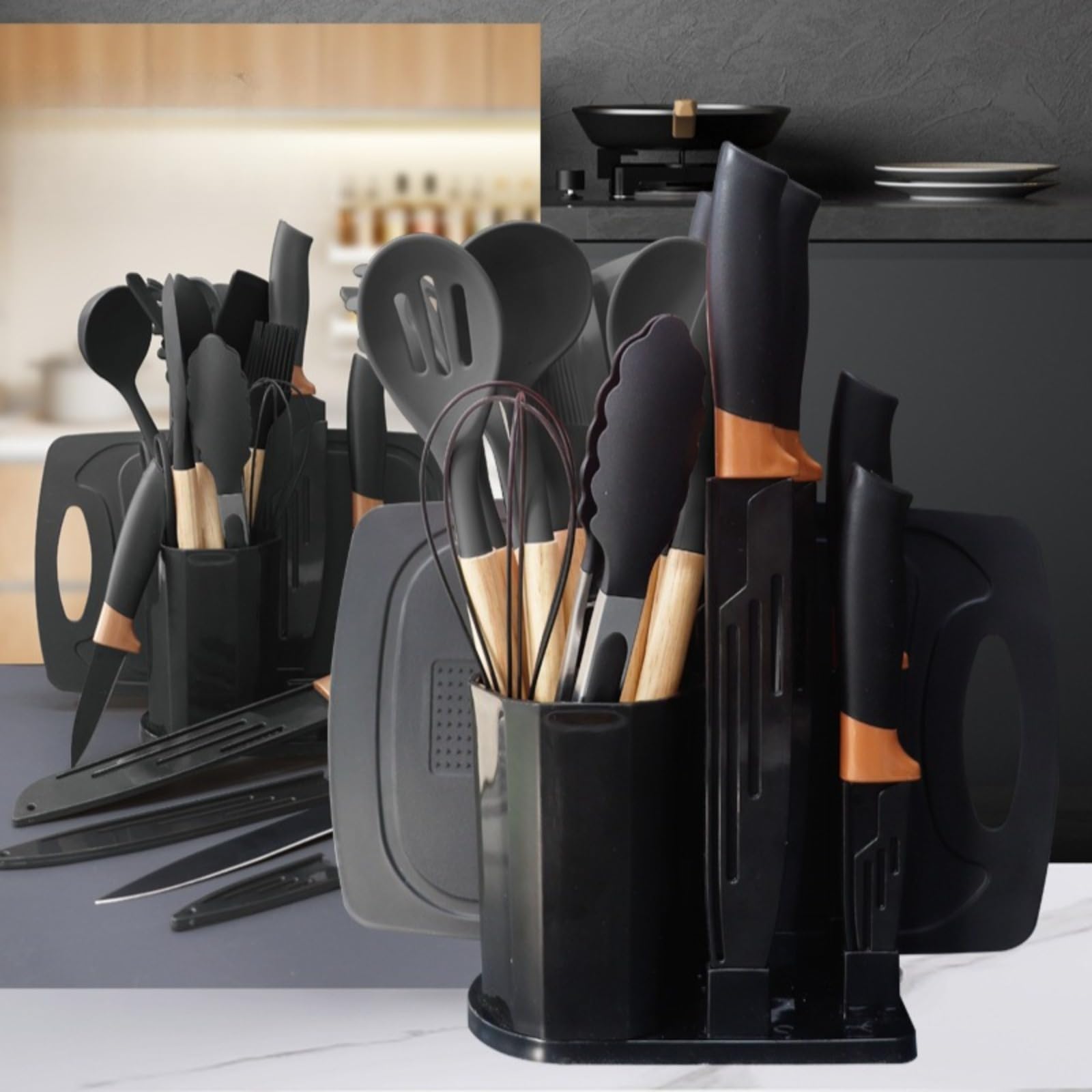 19 Stück Küchenmesser Set,Silikon-Küchenutensilien-Set mit Holzgriffen, Hitzebeständige,mit 12 Kochutensilien,5 Messern,Schneidebrett und Halter,Spülmaschinengeeignet (Schwarz)