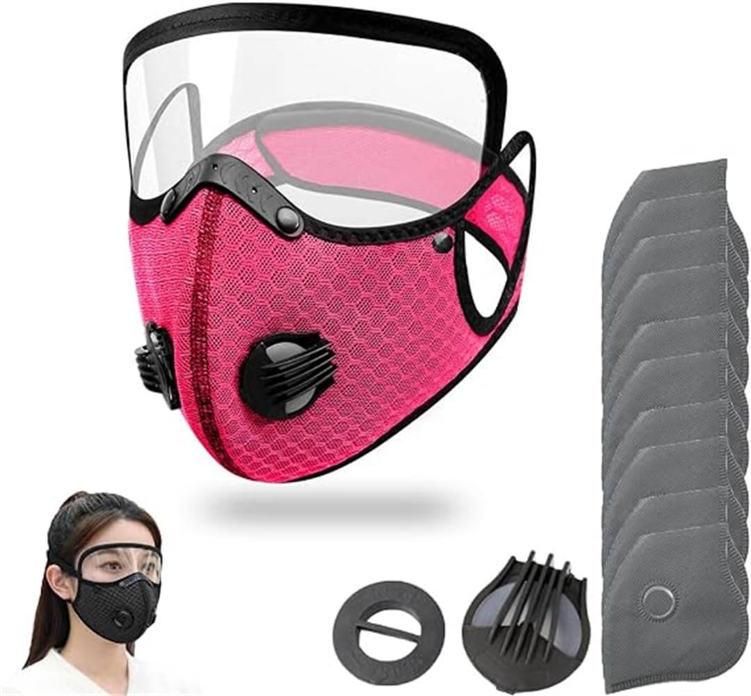 Reusable Carbon Filter Dust Mask with Adjustable Goggles,Activated Carbon Face Mask,Anti-UV-5-Layer Filte with 10 Filters and 2 Valves with Adjustable Goggles for Woodworking Mowing Dust (Rose Red)