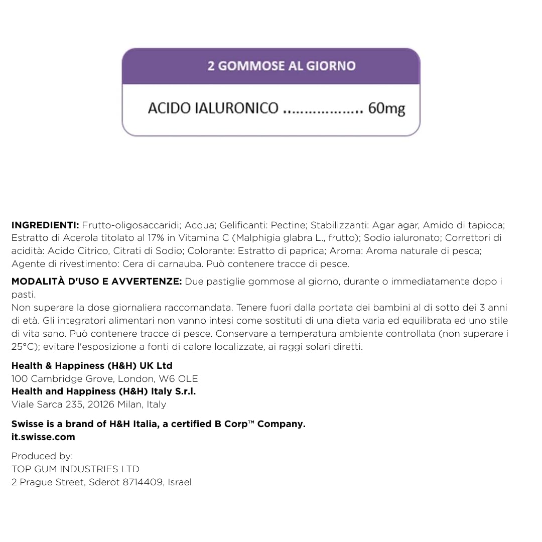SWISSE Beauty - Acido Ialuronico Gummies, Integratori Donna e Uomo, 40 Pastiglie Gommose, Integratore Alimentare, Gusto Pesca, Adatto per Alimentazione Vegana