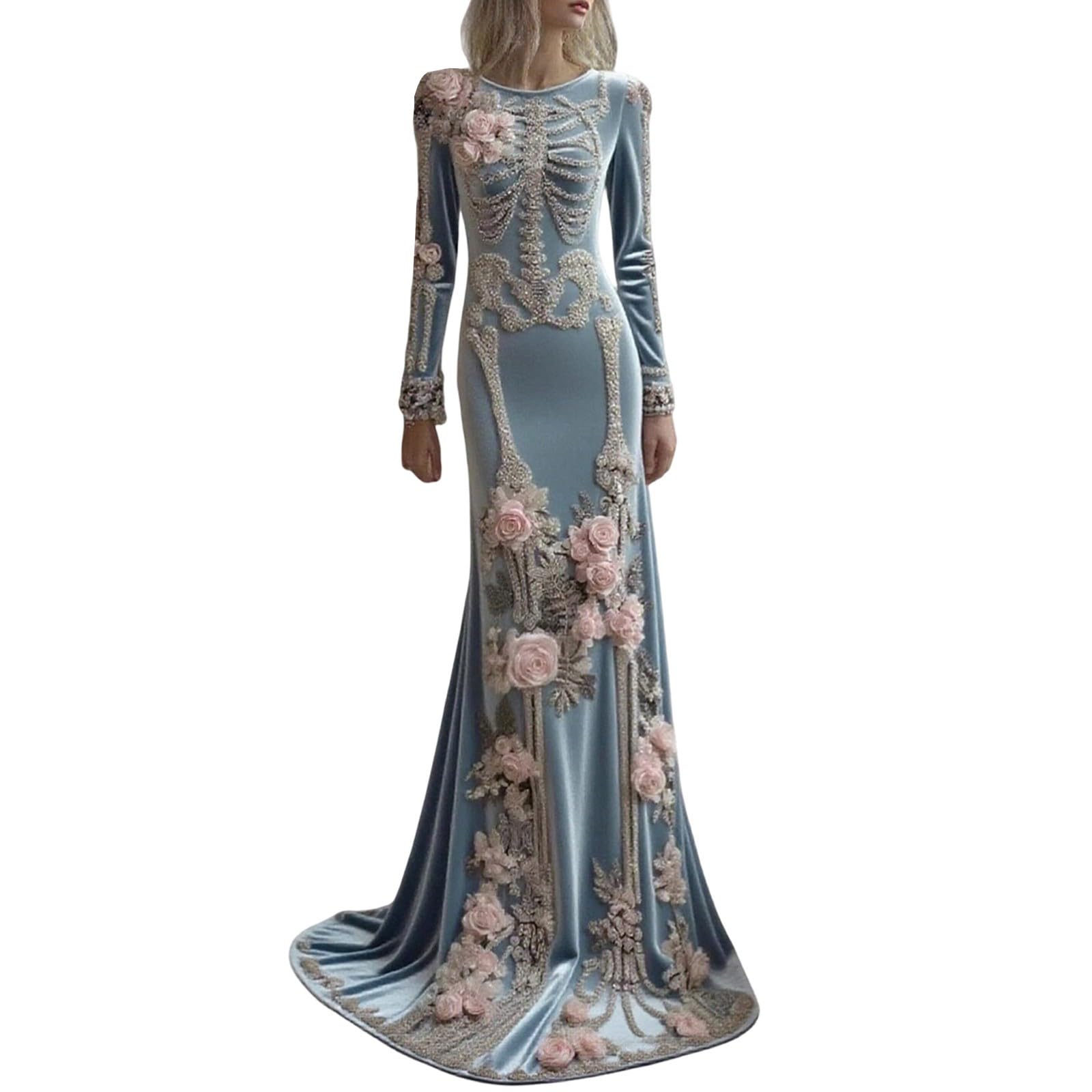 Women's Skeleton Print Mermaid Maxi Dress Long Sleeve Halloween Dresses for Women 3D Digital Print Floral Gothic Fancy Dress Costume — image 1