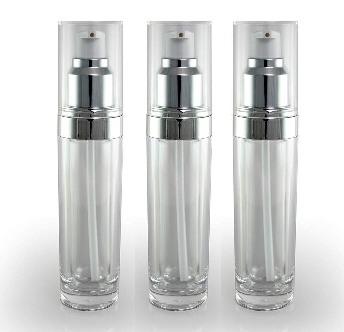 Clear Pump Bottle, 30 ml (1 oz), with Clear Inner Bottle, Shiny Silver Collar and Clear Cap (3 - Pack)