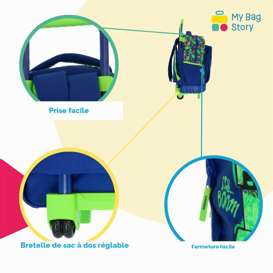 mybagstory | Sac à Roulettes Minecraft | 3 Compartiments | Vert et Bleu