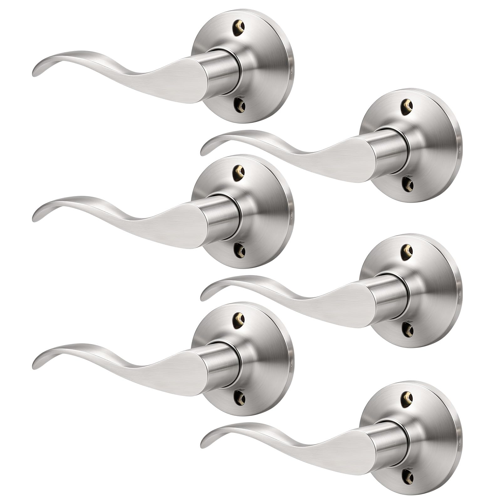 Mengico 6 Pack Satin Nickel Dummy Door Lever, Single Left Side Door Handle for Closets, Non-Turning Pull Only Lever Set, Wave Style Interior Door Knob