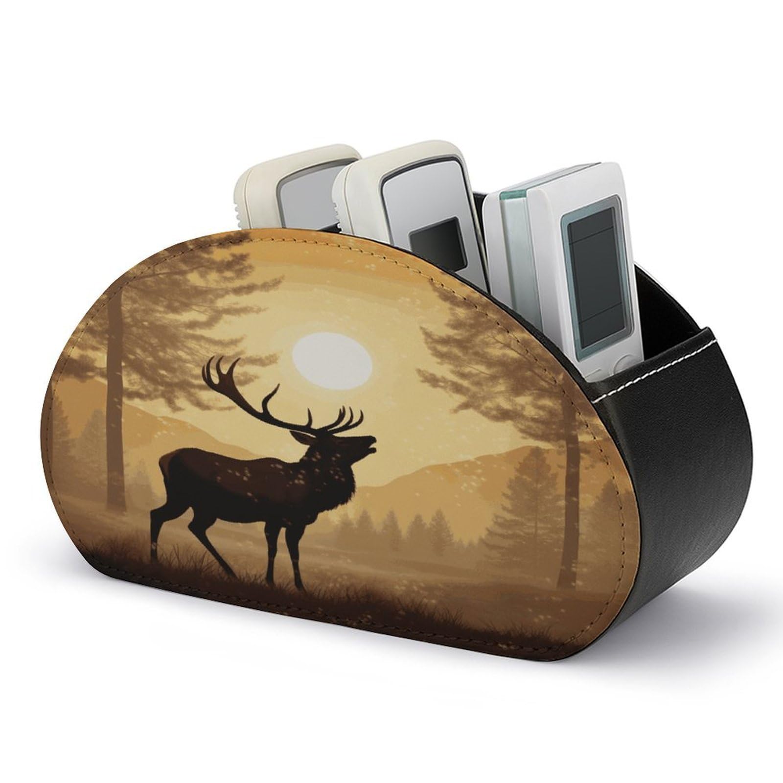 VstaDank Elk Artwork Remote Control Holder with 5 Compartments TV Remote Caddy/Box PU Leather Multifunctional Office Desk Storage Box Bedside Table Desk Storage Organizer