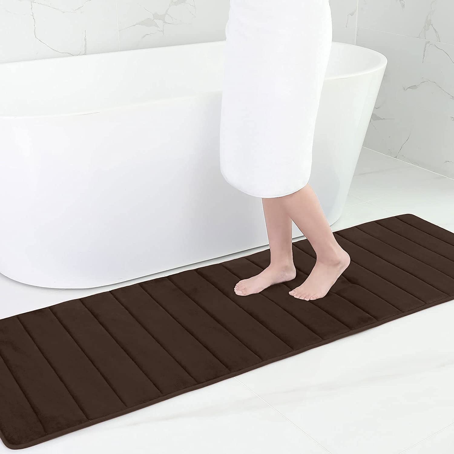 smiry Memory Foam Bath Mat, 60 x 180 cm, Extra Soft Large Bathroom Mat Runner, Super Absorbent Non-Slip Bath Mats for Bathroom Floor Long Machine-Washable Dry Bath Rug Foot Mat, Brown