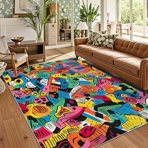 カーペット ストリートグラフィティアート 長方形 1畳 多色抽象画 ラグマット洗濯機で洗える 滑らない 絨毯 薄い カシミヤラグ ホットカーペット床暖房対応 じゅうたん 防ダニ おしゃれ オールシーズン 92x185cm QR&5