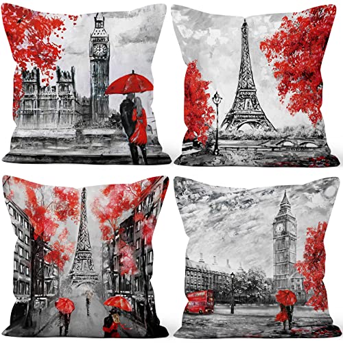 Aoihrraan Housses de Coussin Lot de 4, Tour Eiffel Big Ben Motif Coussin Couvre Rouge Romantique Arbre Parapluie Doux Court Peluche Carré Taie d'oreiller pour...