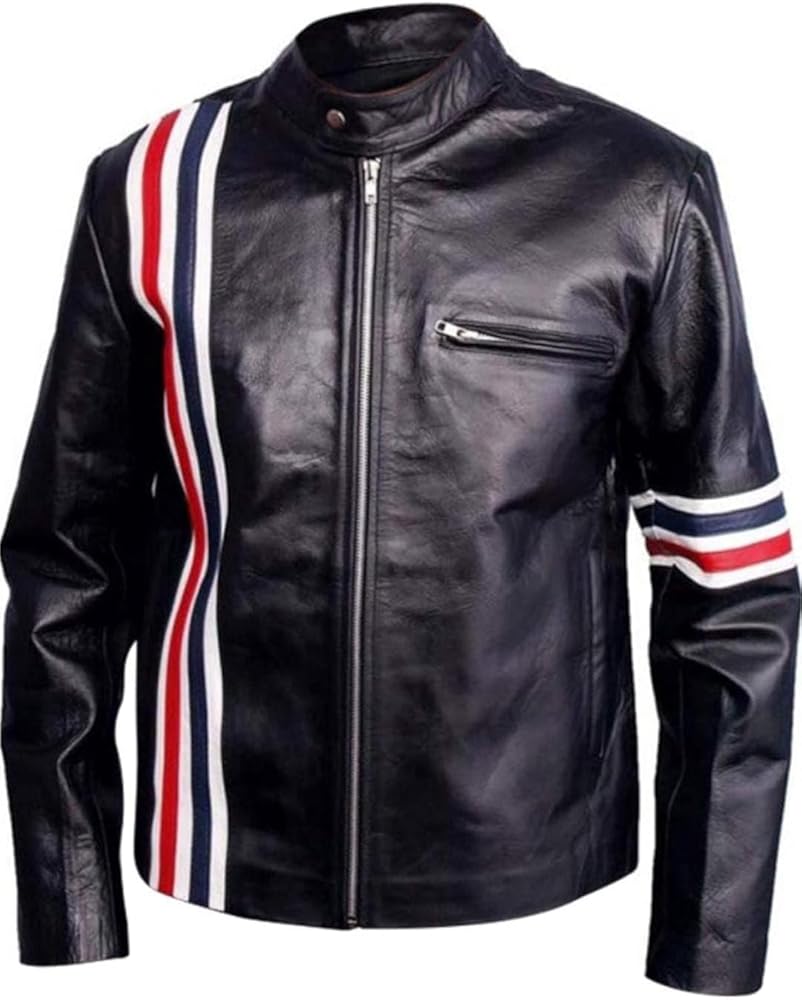 Ameri　BACK SIDE JACKET Generic Mens Black Leather Biker Jacket, Fully Lined, USA Flag
